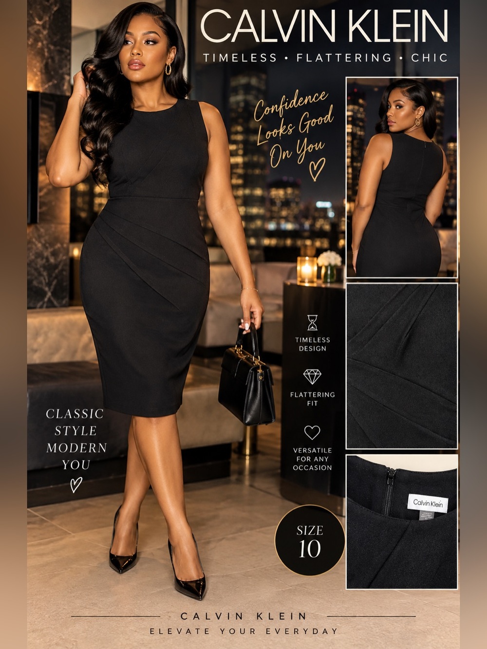 Calvin Klein Black Sleeveless Midi Sheath Dress size 10